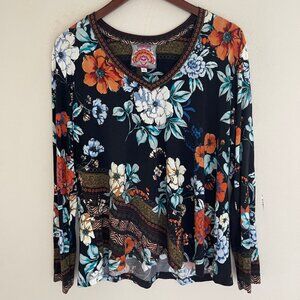 JOHNNY WAS Golden Spring Floral Print Long Sleeve Tee: NWOT! MEDIUM; P2P is 21"